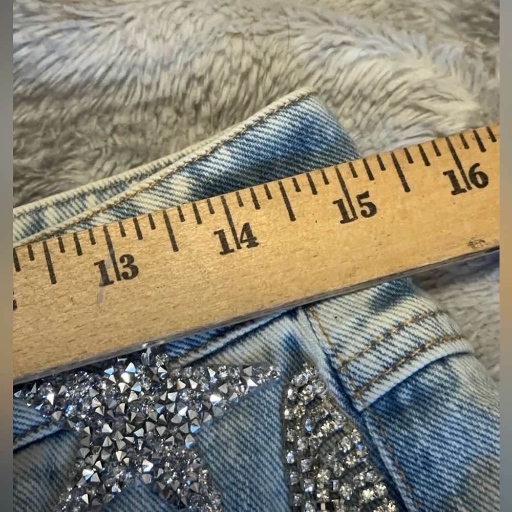 Blue B Denim Shorts Womens Large Fringe Rhinestone Cut Off Stars High Rise Jean - Picture 7 of 11